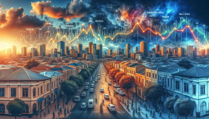 Bloemfontein cityscape with mid-level properties under a dramatic sky, showing an interest rate graph, empty streets for high rates, and bustling crowds for low rates.