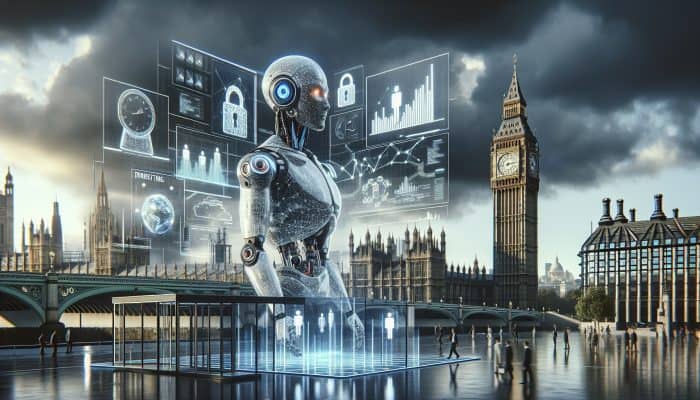 An AI robot in a London financial hub analyzes debt data on screens, with shattered locks, unbalanced scales, and stormy Big Ben.
