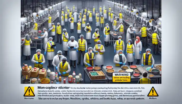Inspectors in yellow vests confronting workers handling chemicals without gloves in a Manchester factory, surrounded by warning signs and halted machinery.