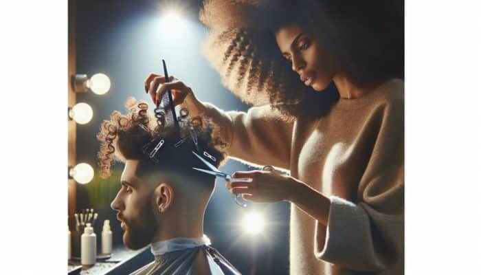 A hairstylist sections tight coiled hair with clips and performs precise point cutting to create soft, defined curls in a salon.