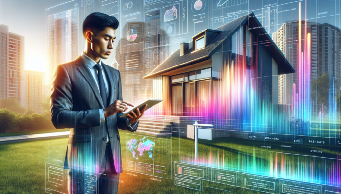 Real estate agent in tailored suit analyses property data on tablet outside modern house with For Sale sign, amid cityscape and green lawns.