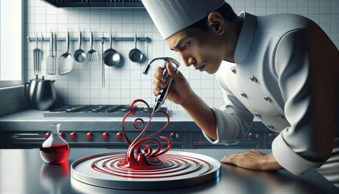 A chef squeezes a sleek sauce siphon, creating intricate red swirls on a white plate in a modern kitchen.