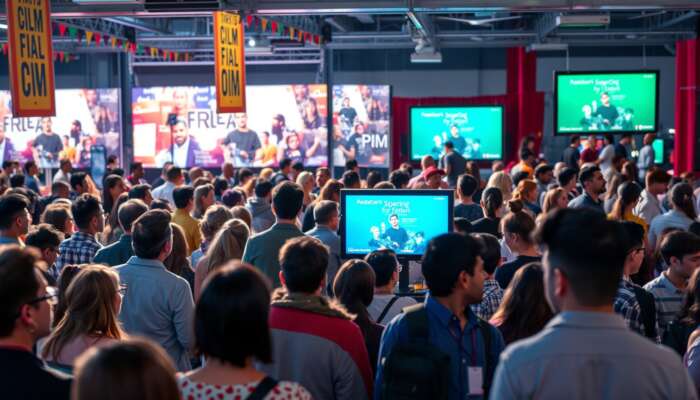 A vibrant film festival scene with a diverse audience watching films on large screens, surrounded by colourful banners, while filmmakers network and discuss their projects in the background.