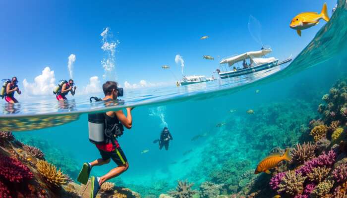 Underwater scene at the Great Blue Hole featuring diverse marine life, local divers engaging in conservation efforts, colourful coral reefs, and elements of Belizean culture like traditional boats and artifacts.