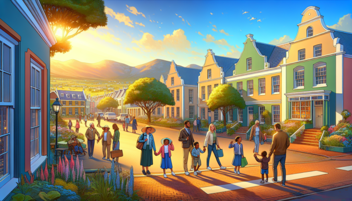 A lively street in historic Graaff-Reinet featuring Cape Dutch homes, lush gardens, and families walking to school under a sunny sky.