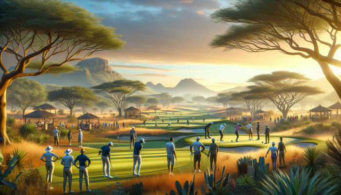 Vibrant South African golf course at dawn: diverse players navigating scenic holes, surrounded by lush landscapes, wildlife, and social events.