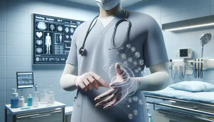 A UK healthcare professional in a sterile hospital, wearing well-fitted disposable gloves, performing a precise procedure with improved dexterity and contamination protection as per HSE guidelines.