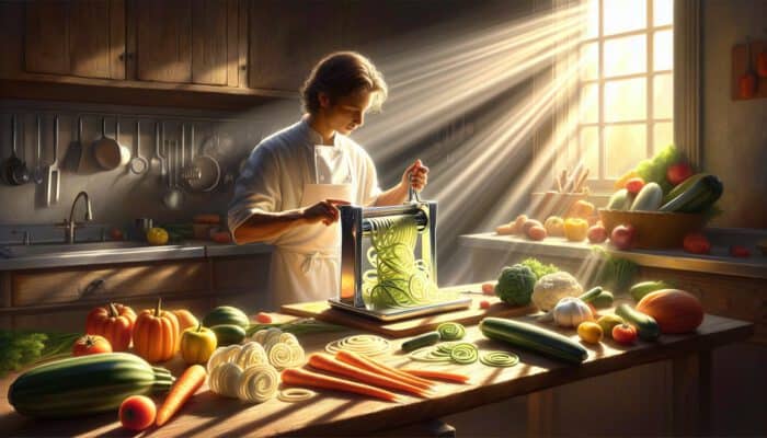 A beginner chef in a sunlit kitchen demonstrates spiral cutting with a spiralizer on colorful vegetables, surrounded by diagrams and fresh produce.