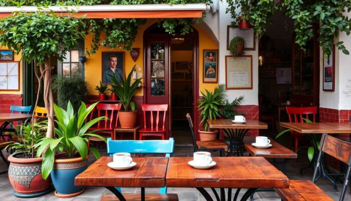 Cozy café scene in San Miguel de Allende with colorful outdoor seating, potted plants, artisanal coffee cups, and colonial architecture.