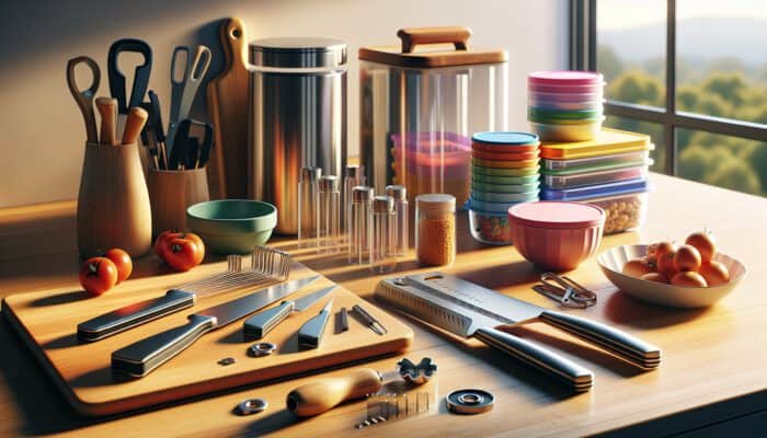 A well-organised kitchen countertop showcasing sharp knives on a wooden board, colourful measuring cups, durable glass containers, and a can opener bathed in warm light.