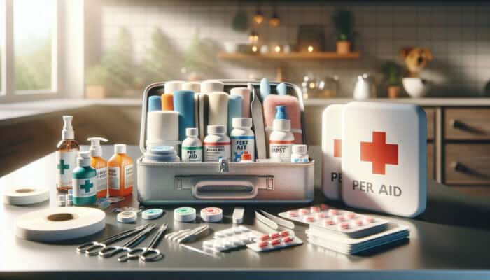 A well-organised pet first aid kit on a sunny kitchen counter with bandages, antiseptics, tweezers, gloves, and medications, neatly arranged.