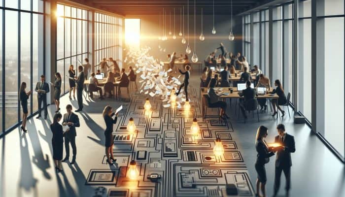 A financial advisor in a modern office merges scattered energy bills into a glowing document, as tangled power lines straighten, symbolising debt relief.