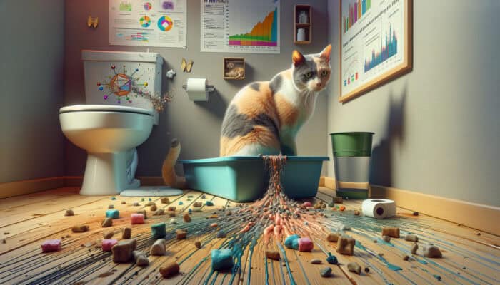 A stressed calico cat crouching by a dirty litter box, empty water bowl, and scattered kibble in a cluttered environment, highlighting urinary crystals.
