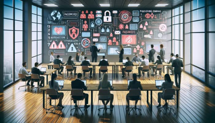 Diverse employees in a vibrant corporate training room, engaging in a data security workshop with simulated phishing emails on laptops and informative posters on passwords and breach prevention.