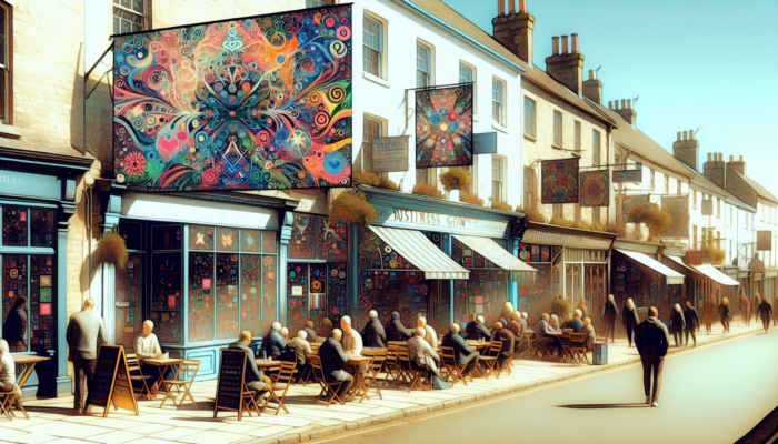 Lively street scene in historic Beaminster, England, featuring shops with eye-catching copywritten signs attracting crowds under a sunny sky.