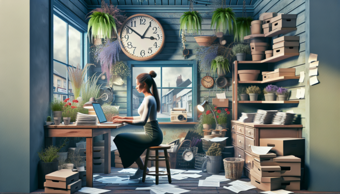 Determined small business owner in a cosy Beaminster shop, surrounded by cluttered papers and a ticking clock, working on a laptop template with growing plants nearby.