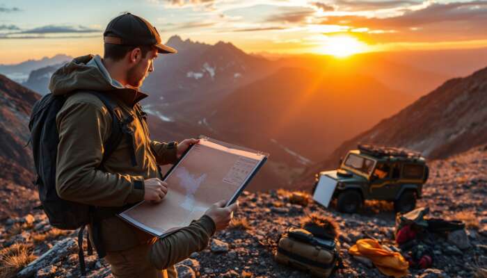 A determined explorer studies a digital map on a tablet in rugged mountains, with an off-road vehicle and hiking gear nearby at sunset.