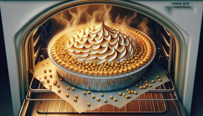 Top Tips for Blind Baking Pie Crusts: A golden pie crust blind baking in a metal tin lined with parchment and beans, steam rising in a warm oven.