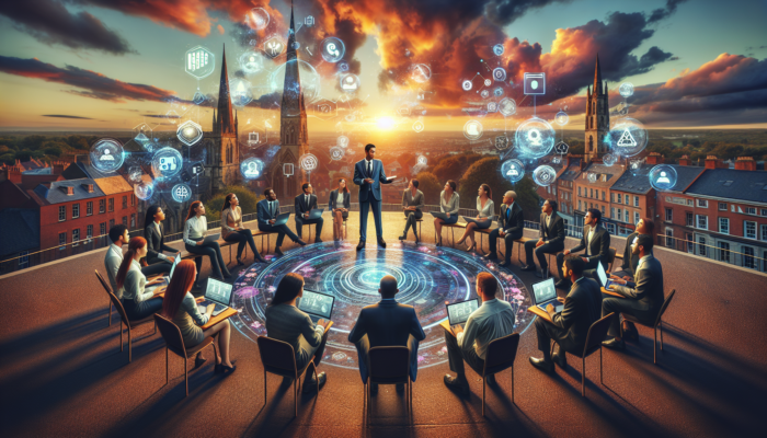 A diverse team of experts engaged in discussing social media strategies on laptops, set against the picturesque backdrop of Shaftesbury's Gold Hill at sunset, surrounded by digital icons.