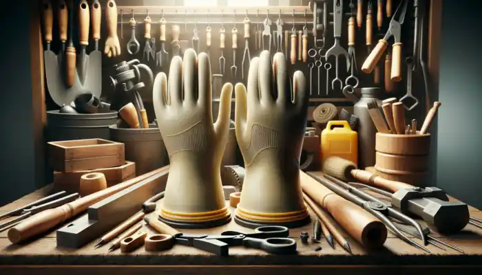 Latex Gauntlet Gloves in Peterborough: Close-up of durable latex gauntlet gloves made from natural rubber, with shiny texture and 0.35-0.50mm thickness, on a workbench with tools in a sunlit workshop.