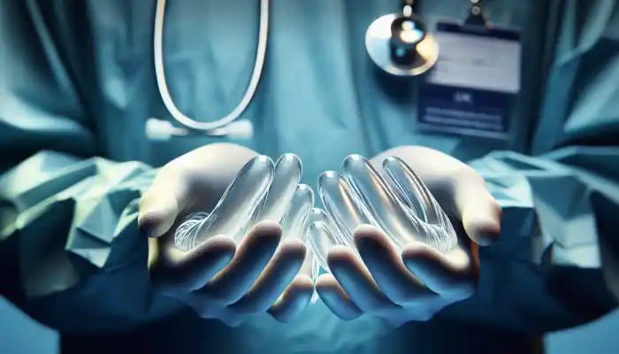 Close-up of hands in smooth, powder-free vinyl gloves during a precise medical procedure in a sterile UK hospital, showcasing flexible, latex-free material.