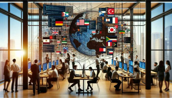 Diverse professionals in a digital workspace debug a multilingual website, showing garbled translations, clashing cultural symbols, and tangled code wires.