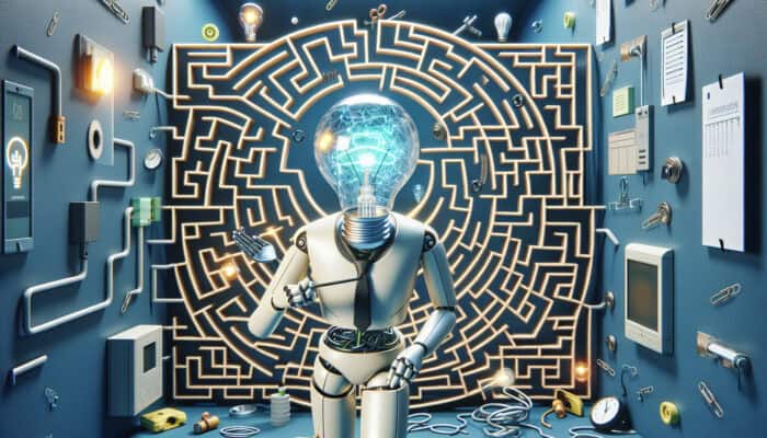 Virtual assistant navigating a modern office maze, avoiding pitfalls like a broken clock, dim lightbulb, tangled wires, and locked doors.