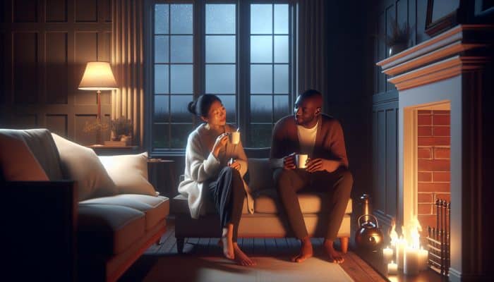 A couple discusses debt calmly in a cozy UK living room by a fireplace, sipping tea as rain falls outside.