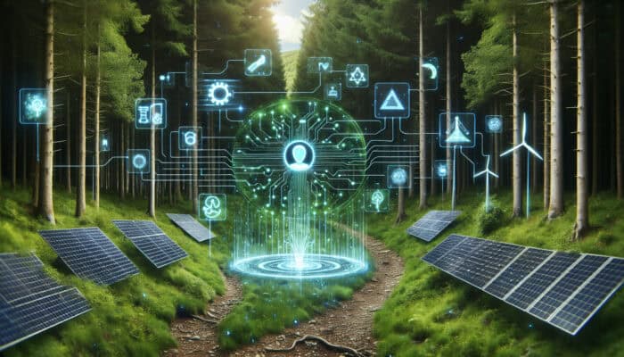 A holographic virtual assistant floats in a lush forest, surrounded by solar panels and wind turbines, displaying energy audit charts for sustainable AI.