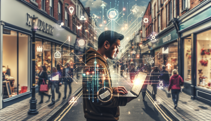 Web Development in Wellington for Small Business: UK small business owner at a laptop builds a website with rising sales graphs; customers interact online, symbolising growth and innovation.