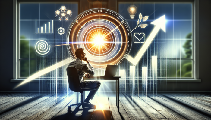 A focused entrepreneur in a modern Wareham office analyzes Google Analytics, showing upward revenue graphs and highlighted KPIs for copywriting.