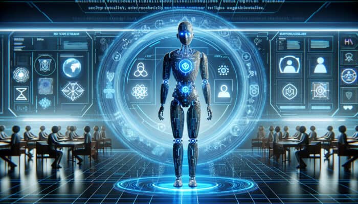 Futuristic AI robot with glowing blue circuits, protected by energy shields and ethical icons in a secure digital lab.