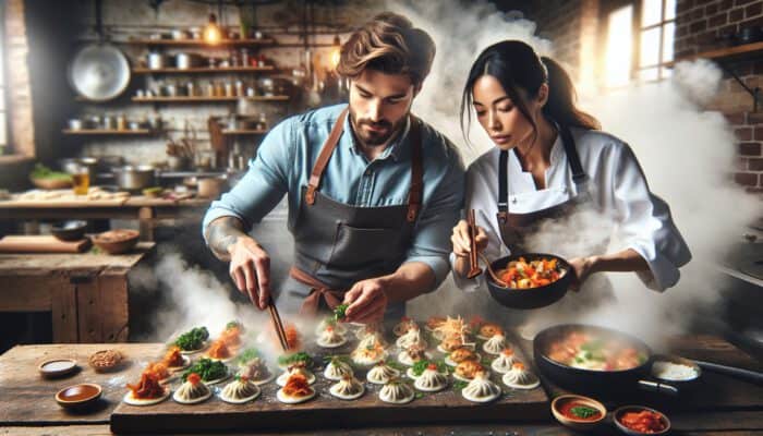 Chef in a bustling kitchen prepares dumplings with pork, kimchi, vegetables, cheese, and herbs on a wooden board.