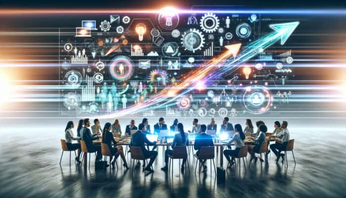 Dynamic scene of marketing experts in a high-tech office brainstorming TikTok launches with viral screens, prototypes, and rising graphs.