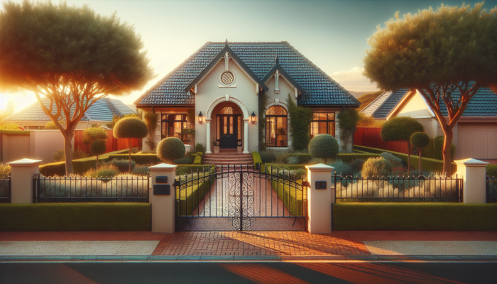 A charming home in Lephalale with a secure wrought-iron gate, lush gardens, arched entrance, and spotless facade in warm sunlight.