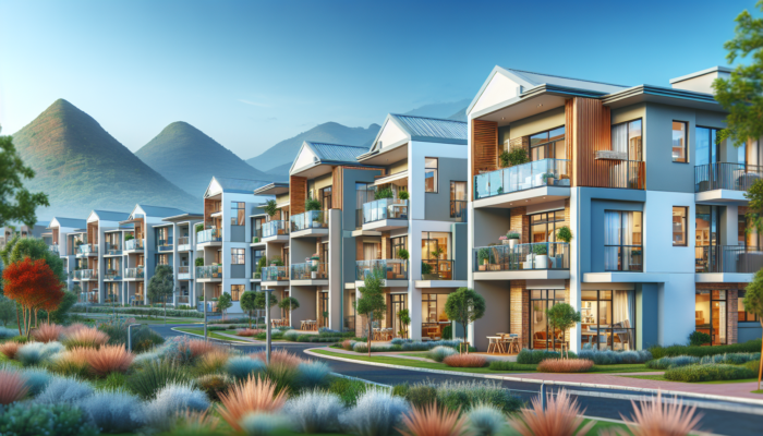 Modern 2-bedroom apartment buildings in Phalaborwa's vibrant suburbs, featuring clean exteriors, lush greenery, and community spaces for families.