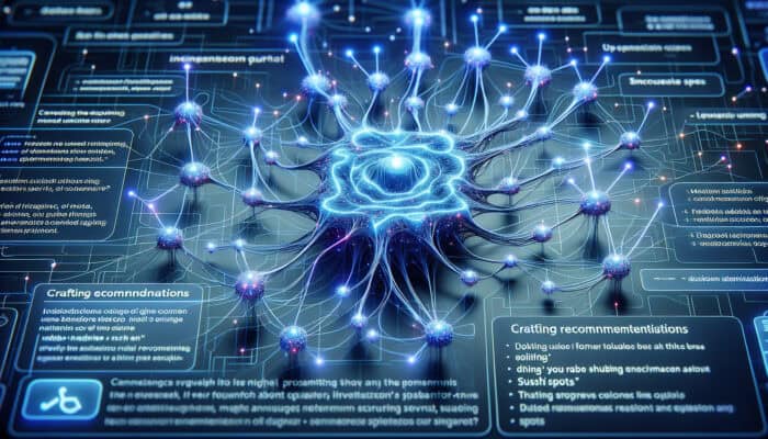 Glowing blue neural network processes "best sushi spots" query, forming semantic connections for precise recommendations in futuristic interface.