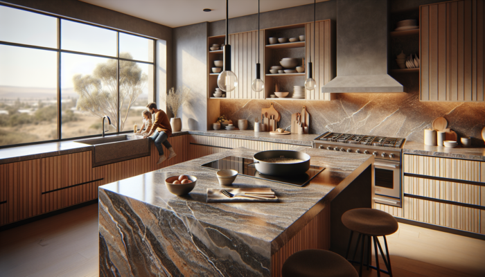 A modern South African kitchen in Welkom featuring robust granite countertops, intricate grey and black veins, warm wooden cabinetry, and family cooking moments.