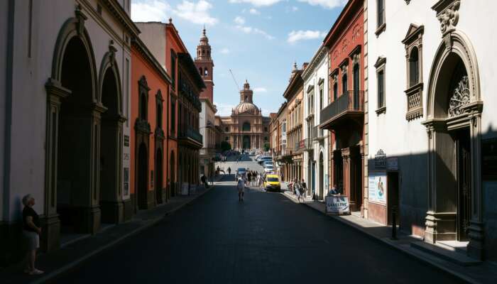 Symmetrical street scene in San Miguel de Allende featuring balanced arched doorways, ornate facades, and a lively plaza.