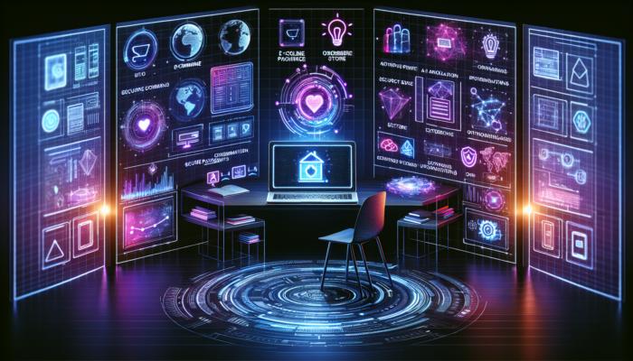 Futuristic office scene with laptop showing e-commerce dashboard, surrounded by holographic icons of AI, payments, analytics, and apps.