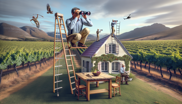 Buyer in Paarl's vineyards climbs ladder to inspect property roof, uses binoculars for neighborhood safety, and reviews contracts at rustic table.