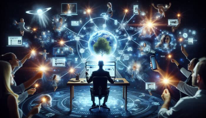 A creator at a glowing desk surrounded by holographic blogs, videos, and social feeds, with viewers as orbiting stars around a growing tree of knowledge.