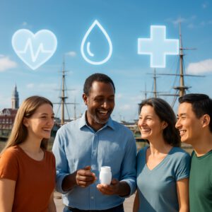 Diverse people smiling in Portsmouth harbour, discovering FBC test health benefits amid historic ships and sunny skies.