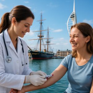 Doctor performing FBC blood test on a smiling patient in Portsmouth harbour, with Spinnaker Tower and ships.