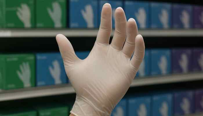Close-up of a hand in a snug Braintree vinyl glove on a retail shelf, showcasing comfort and dexterity.