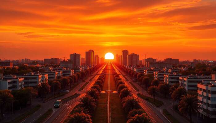 Symmetrical urban landscape during the golden hour, featuring winding paths leading to a vibrant focal point with striking warm-cool colour contrasts.