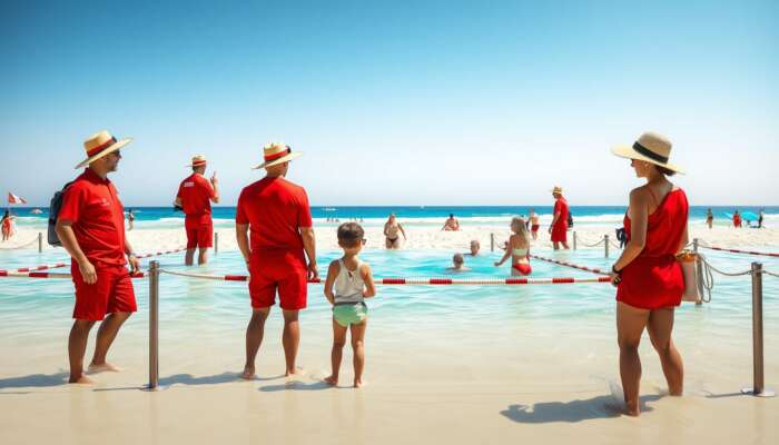 Beach scene featuring lifeguards in red uniforms overseeing swimmers in designated areas, families wearing hats and sunglasses under bright sun.