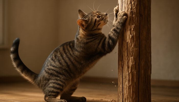 Tabby cat scratching weathered wooden post, claws extended in sunlit room.