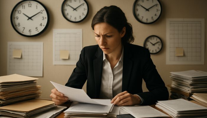 Focused campaign assistant prioritising documents in cluttered office with clocks and task lists under deadline pressure.