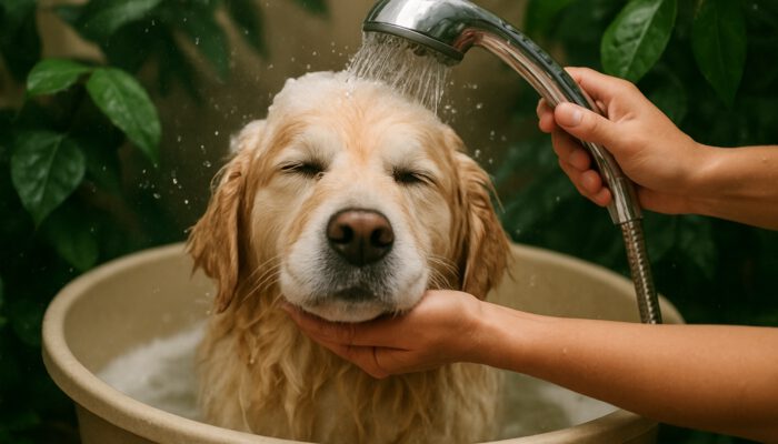 Fluffy dog gently bathed in eco-friendly tub with low-flow shower, water droplets, and green leaves for water conservation.